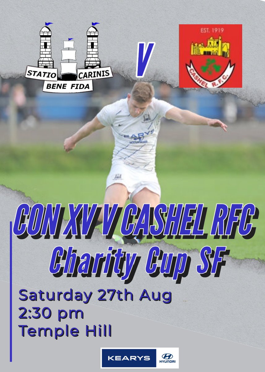 And just like that we’re back!! #NewSeason ⚫️⚪️🔵 First match of the season is at home Con XV v @cashelrugby 🏆 Charity Cup SF 📆 Sat 27th Aug ⏱ 2:30pm 📍Temple Hill Lets get out there and support our local clubs…🏉💪🏼 @MJCRugby @kearysmotors