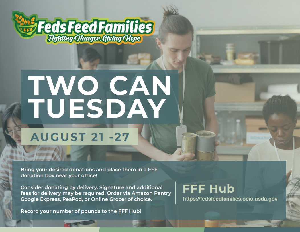 TKOHUNGER's tweet photo. Help #FedsFeedFamilies in our fight against food insecurity by donating two cans a week to your area food bank or food network!
#TwoCanTuesday https://t.co/b7jZmBEZAj