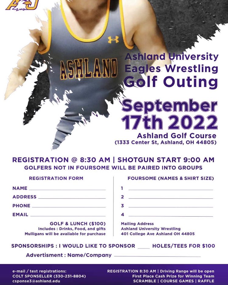 AUE_Wrestling's tweet photo. Still time to sign up or sponsor a hole for our annual wrestling golf outing September 17th.  Come out and support Ashland Wrestling ! https://t.co/F0WJGV4rJW
