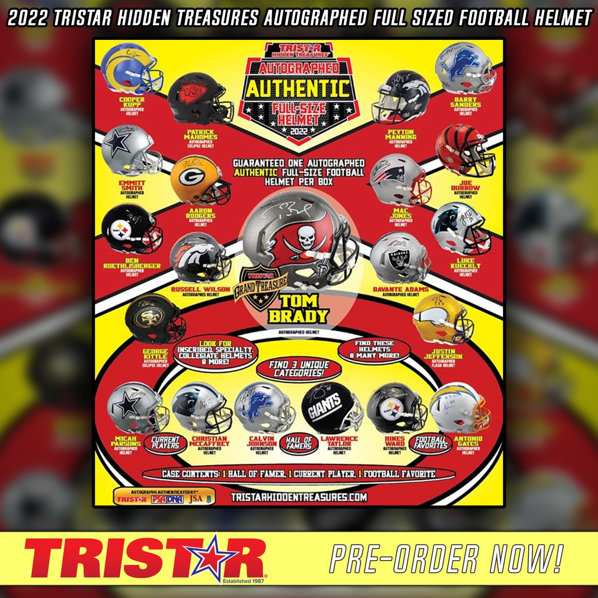 TOUCHDOWN! 🏈🏆 It's your chance to score with these autographed full-sized helmets from <a href="/TRISTAR1/">TRISTAR Productions</a> 2022 Hidden Treasures collection! Contact your sales rep or visit bit.ly/3PIz19c TODAY! #football #NFL #Brady #Manning #Mahomes #Patriots #Chiefs #Cowboys #Sports #Packers