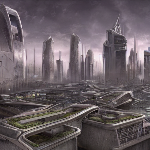hotfigs's tweet photo. Just got #stablediffusion running locally, and it's awesome! To kick things off, I've interpolated between a utopian future and a dystopian future. First image is 75% utopian, second is 25% utopian 🤖 https://t.co/xWOoEWM7fR