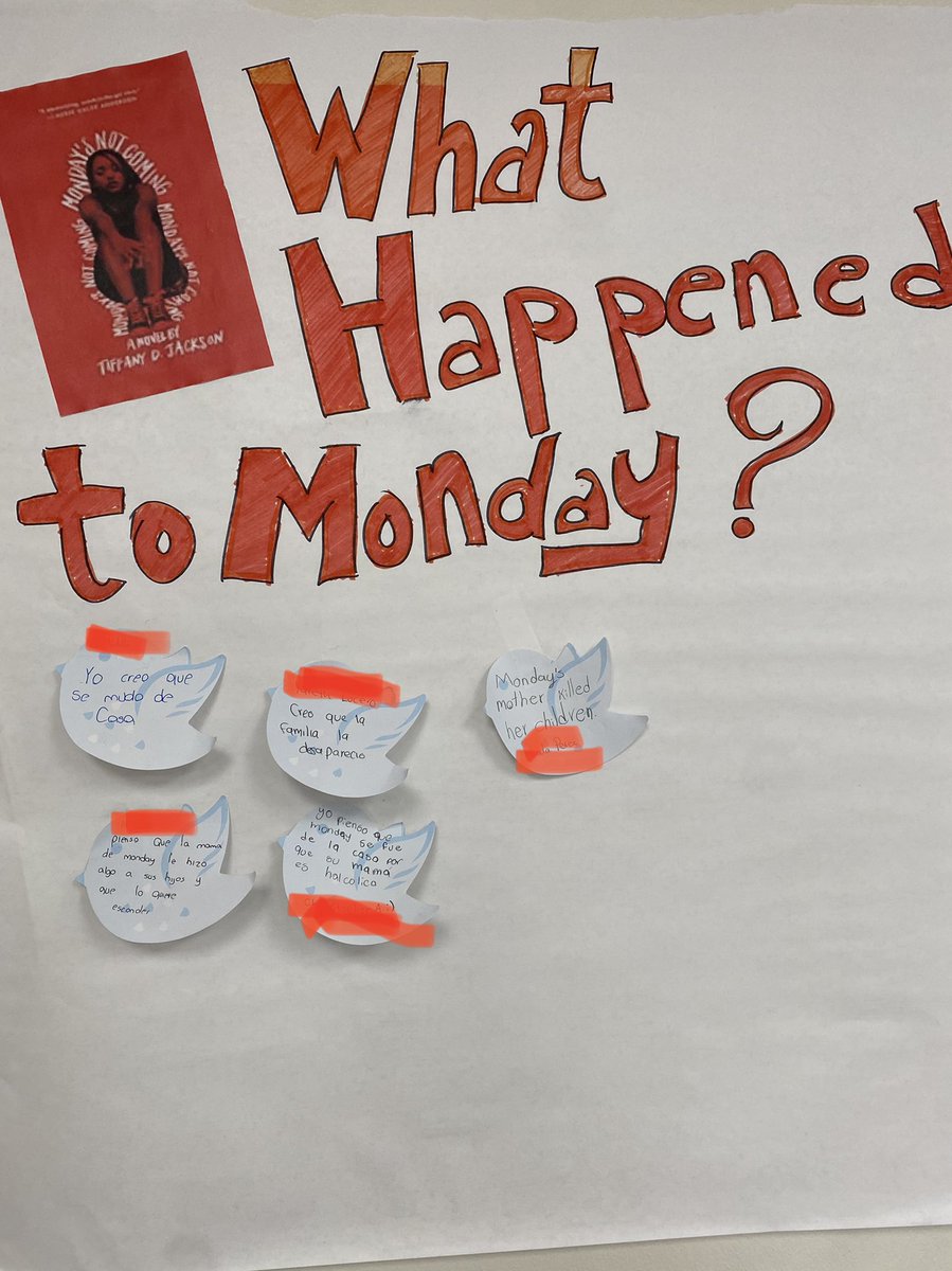 CVigil_EDHS's tweet photo. ESOL2 is reading @WriteinBK โs novel Mondayโs Not Coming. We made a prediction poster. Closest guesses will get a Tonyโs Chocoloney Bar. #esl #weareandress #boomworms https://t.co/tI4jxkQZtb