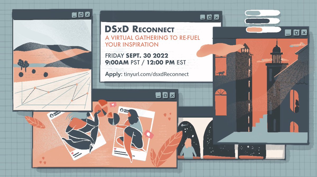 🔥Excited to announce DSxD’s Reconnect!

A free virtual gathering to refuel your inspiration and plan for our next book themed “Our Environment”. Bring your creativity and data love!

When: Fri. Sept. 30, 2022
Apply: tinyurl.com/dsxdReconnect
Learn more: datasciencebydesign.org/events &amp;🧵