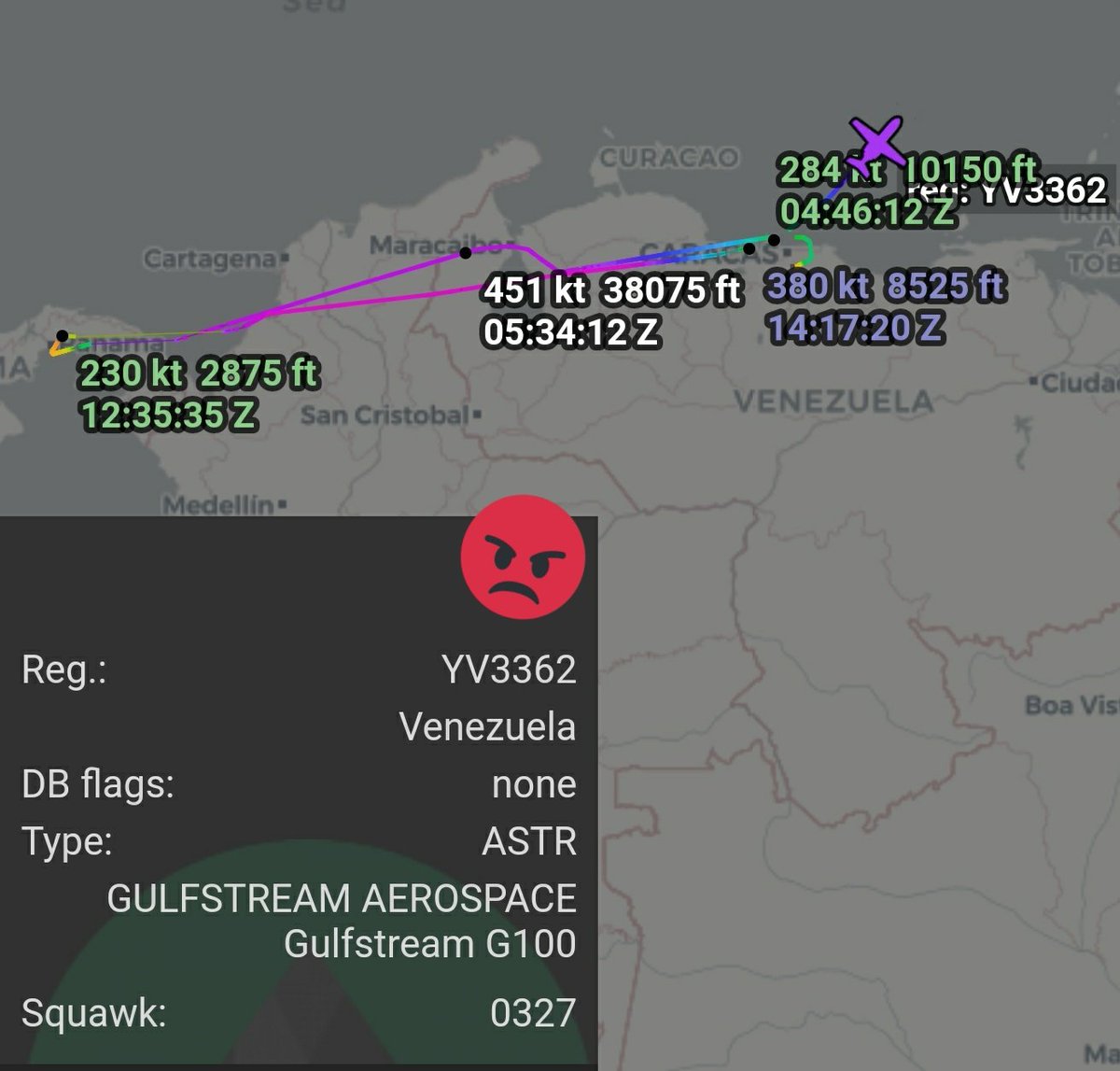Arr3ch0's tweet photo. #YV3362 muy activo hoy. Salió a la 1am de Maiquetía a Panamá. Paso 6 horas en Panamá, retornó a Caracas y 3 hrs más tarde salió en ruta internacional en dirección Noroeste #Ahora. https://t.co/9ZSIXDgebe