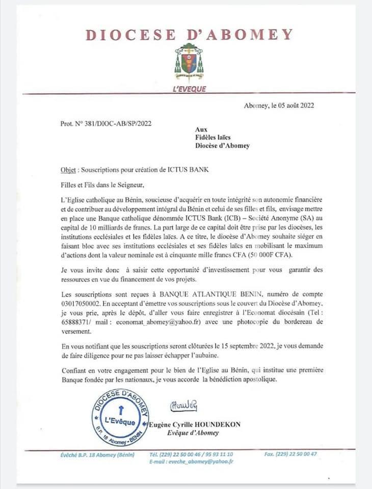 Communautés du #Bénin, dans 1 message je vous invitais aux investissements communautaires (confessionnels, ethniques, régionaux, corporatistes)

L'Eglise catholique vient de donner l'exemple à travers la future création d'1 banque. Une première au #229
Copiez et investissez
#NDSS