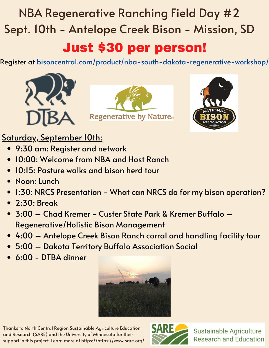 nationalbison's tweet photo. ~TEACHABLE TUESDAY~
Registration is now open for our second "NBA Regenerative Ranching Field Day" on Saturday, September 10 at Antelope Creek Bison in Mission, SD! You DO NOT need to be an NBA member to attend!
#fieldday #nationalbison #dakotabuffalo #antelopecreekbison https://t.co/aVe8HnRZcw