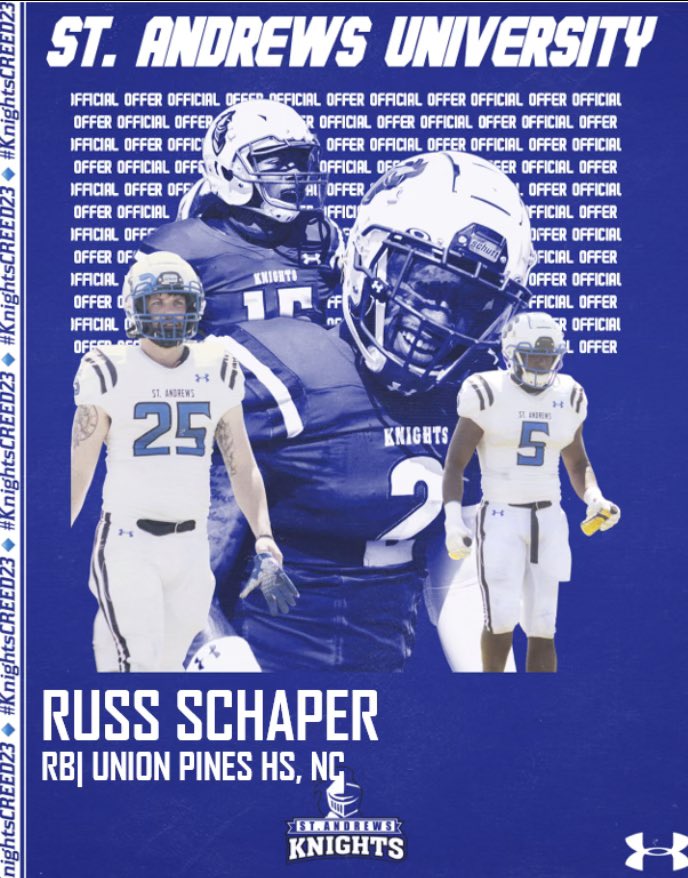 RussSchaper's tweet photo. after a great talk with @rcurtin29 earlier today. i am blessed and thankful to announce my first college football offer from @StAndrewsFB. @TrousdaleJason @CoachSchaperC @UPHS_Football. https://t.co/KuNqX7r90d