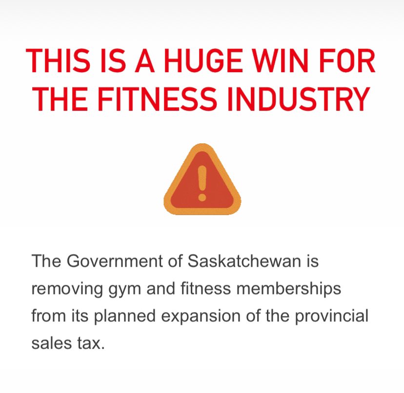 The Gov. of Sask is removing gym and fitness memberships from its planned expansion of the provincial sales tax. FIC has been lobbying ever since the PST expansion was announced. THIS IS THE CHANGE THAT WE, AS AN INDUSTRY, CAN DO TOGETHER! 💪💥

regina.ctvnews.ca/province-halti…