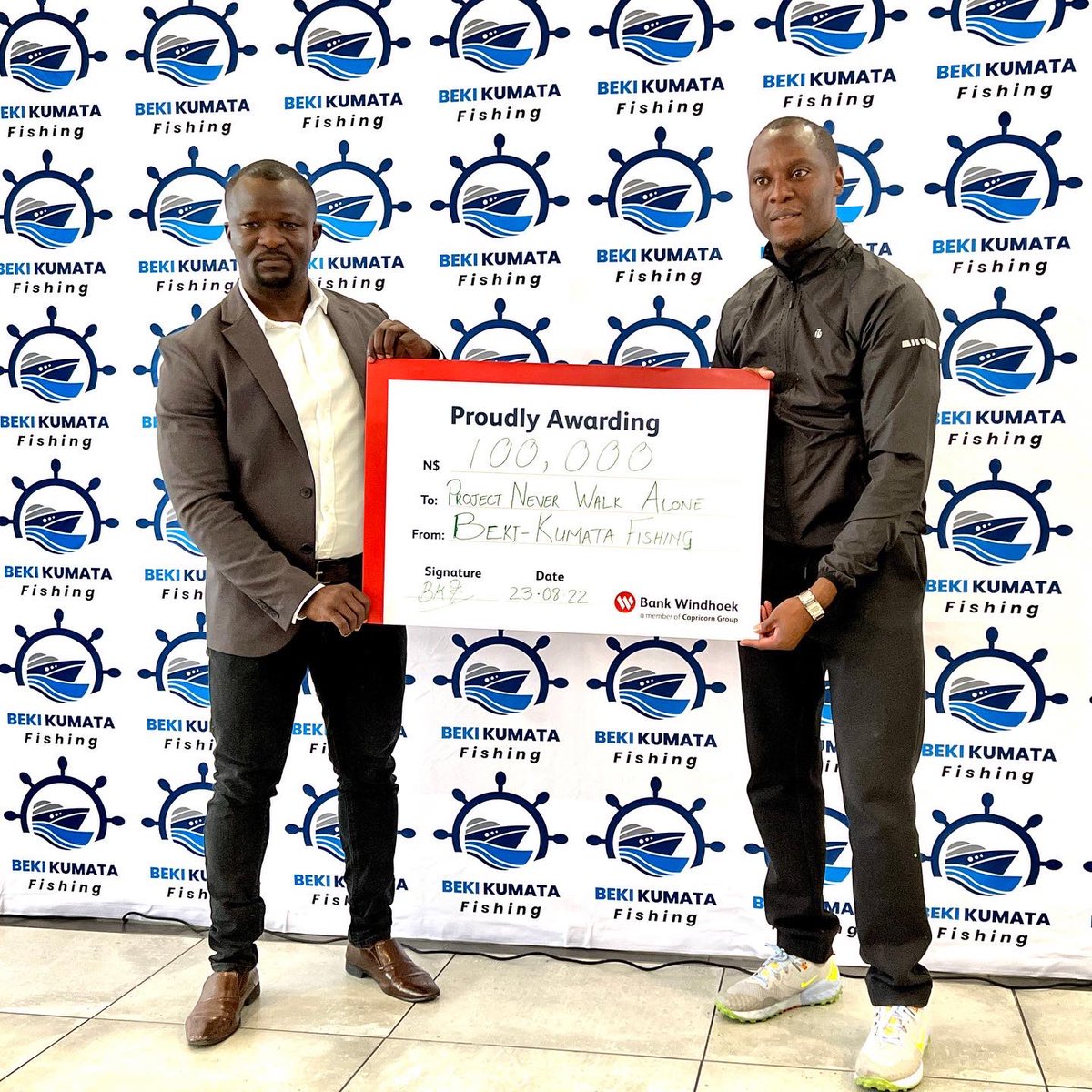 NWANamibia's tweet photo. BEKI KUMATA Fishing officially became the first fishing company to lend a helping hand to Project Never Walk Alone. The company pledged an amount of N$100,000 towards the project as part of its corporate social responsibility drive. https://t.co/hBUiiBVUqt