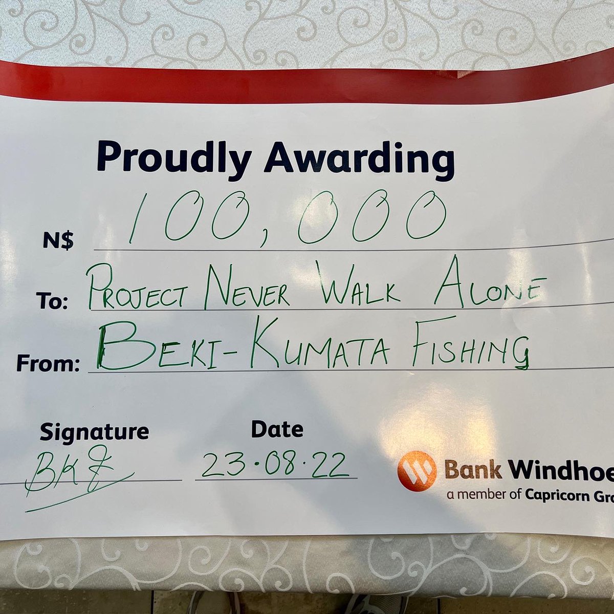 BEKI KUMATA Fishing officially became the first fishing company to lend a helping hand to Project Never Walk Alone. The company pledged an amount of N$100,000 towards the project as part of its corporate social responsibility drive.