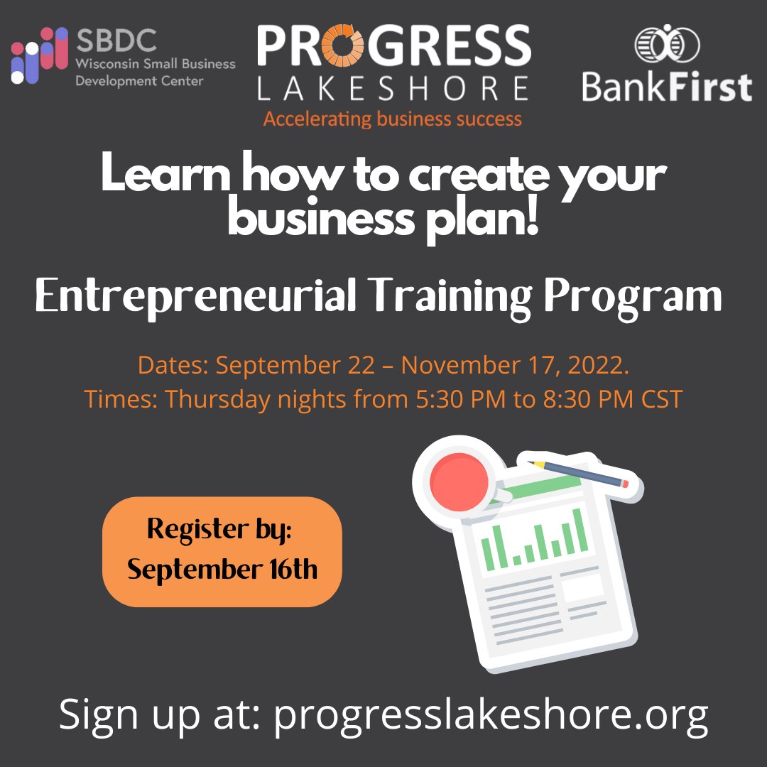ProgressLkshore's tweet photo. Interested in learning about what it takes to own and run a small business? Progress Lakeshore, in partnership with the UW-Green Bay Small Business Development Center's Entrepreneurial Training Program, gives business owners the resources and skills needed to be successful. https://t.co/otA5fcRibu
