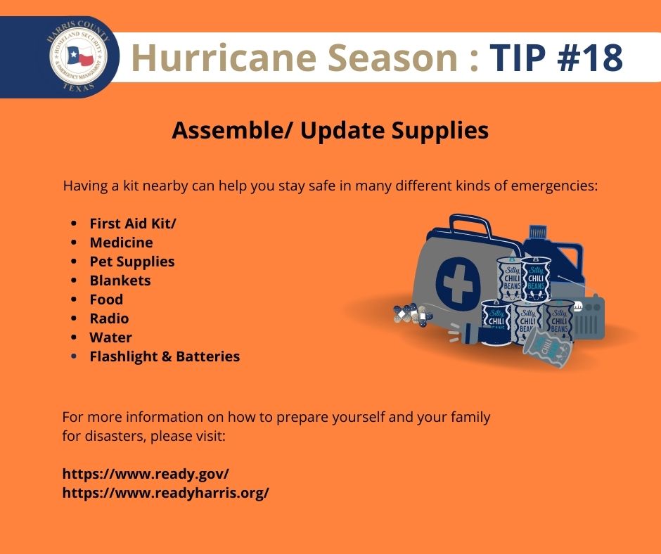 ReadyHarris's tweet photo. Don’t wait! Check your emergency preparedness kit and restock it with everything your family needs. Make sure to have at least 7 days of supplies for each member of your household and visit https://t.co/zfIcnBElIJ to learn more information.
#ReadyAroundTheClock https://t.co/xfJ8ALKDOK