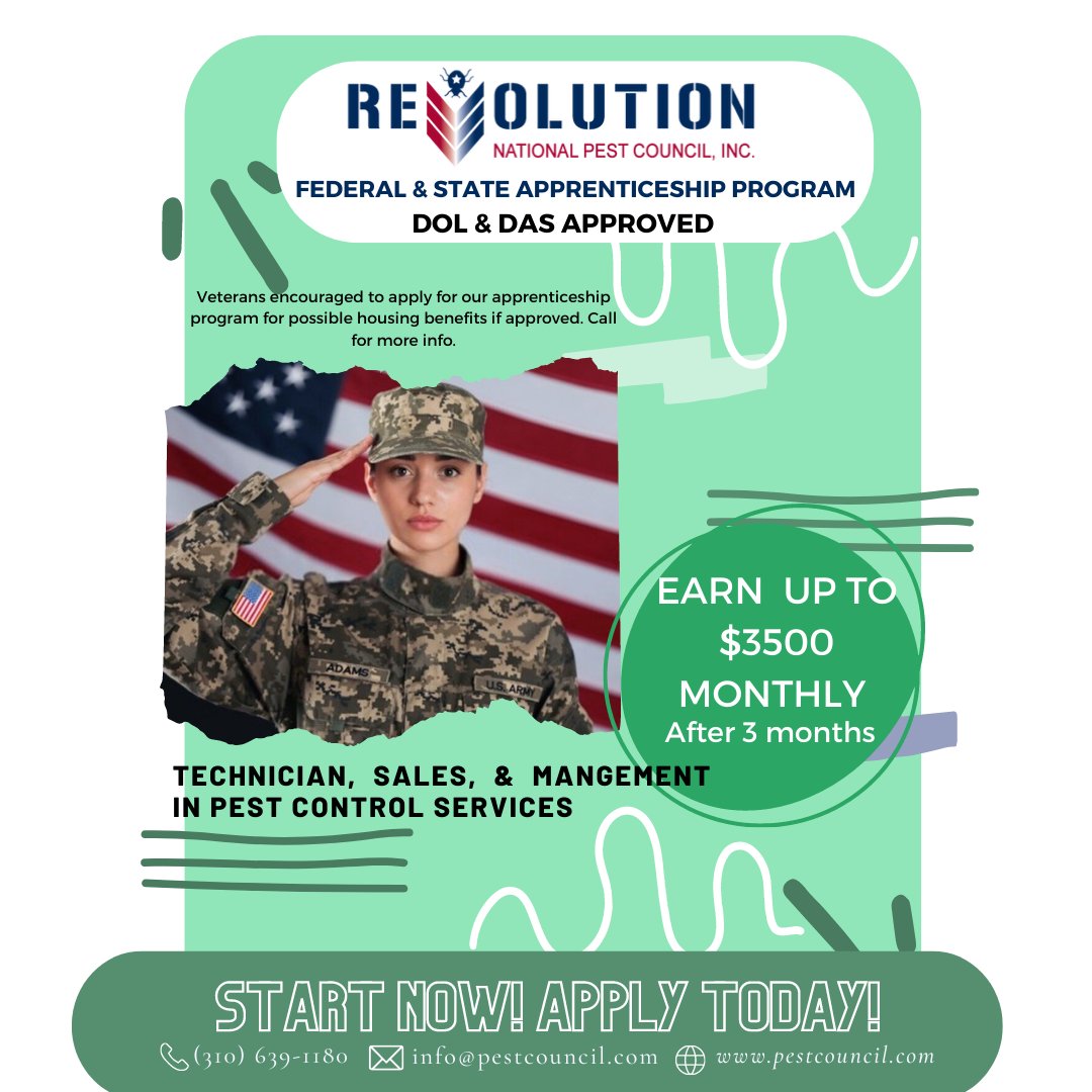 VAGA_Vets's tweet photo. Veterans encouraged to apply for our apprenticeship program for possible housing benefits if approved. Call for more info.

#job #housing #veteran #apprenticeship #pestcontrol #training https://t.co/Yix9nZka0Y