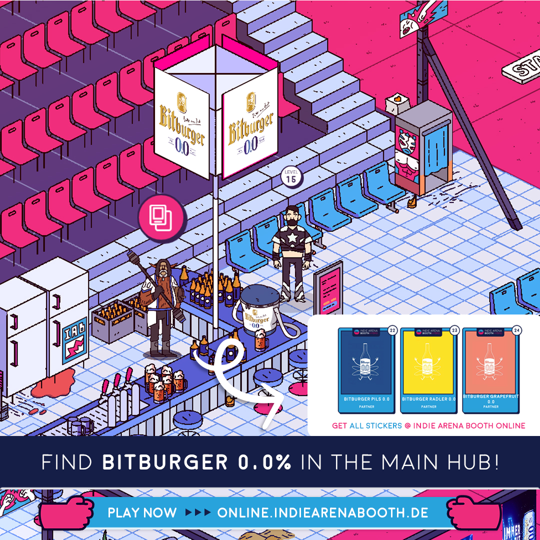 IndieArenaBooth's tweet photo. Looking to complete your digital 
sticker booklet at Indie Arena Booth Online? Get a headstart at the booth of @bitburger00 - they have three refreshing stickers for you 😎 
👉 https://t.co/6mqLoWtfV7 https://t.co/NzchuG9ufJ
