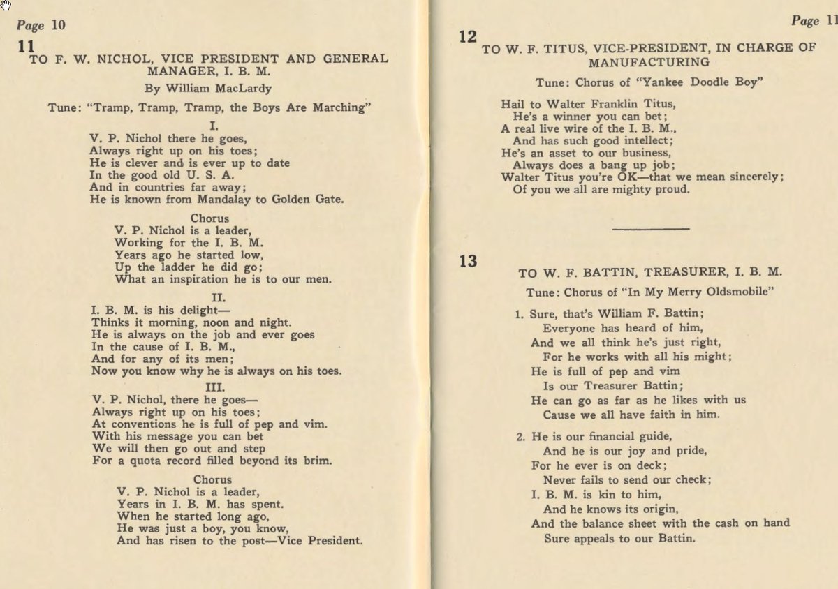 Corporate culture used to be far weirder. Look no further than corporate songs of the 30s. The IBM songbook has pages of songs in praise of the president of IBM (and the corporate treasurer of IBM!).

Here is a fascinating academic article on the songbook: journals.sagepub.com/doi/pdf/10.117…