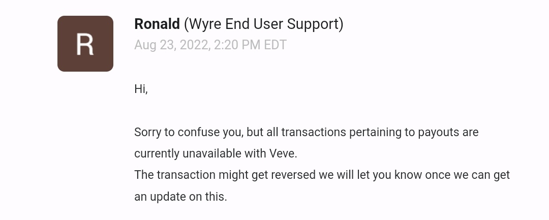 cleary1212's tweet photo. Hey @veve_official Wyre support has told me that all payout options are currently unavailable.  Is this true?

 I made a withdrawal and have not received the money https://t.co/N99voQhxaI
