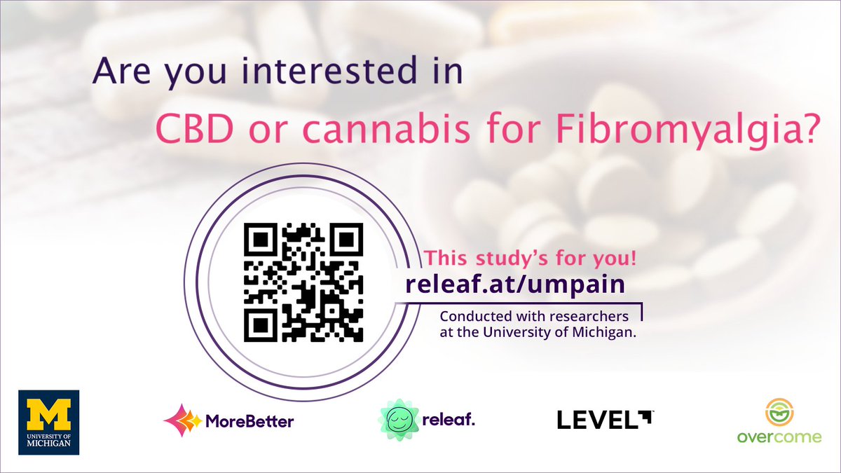 teamfibro's tweet image. Opportunity for fibromyalgia California residents! University of Michigan is researching efficacy of different #cannabinoids in treating #fibromyalgia! Learn more at releaf.at/umpain
@releafapp 

#fibromyalgiaresearch #chronicpain