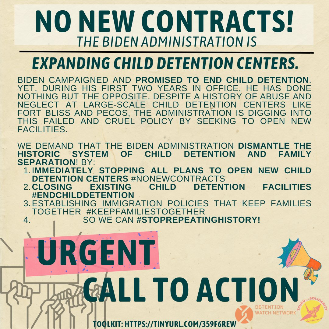 TsuruSolidarity's tweet photo. 🚨Unfortunately, the Biden Administration plans to expand large-scale child detention centers, or “Influx Care Facilities” (ICF). 

.@POTUS : #EndChildDetention and advance immigration policies that #KeepFamiliesTogether and free! #StopRepeatingHistory 🧵 https://t.co/lZX1wHEgiq
