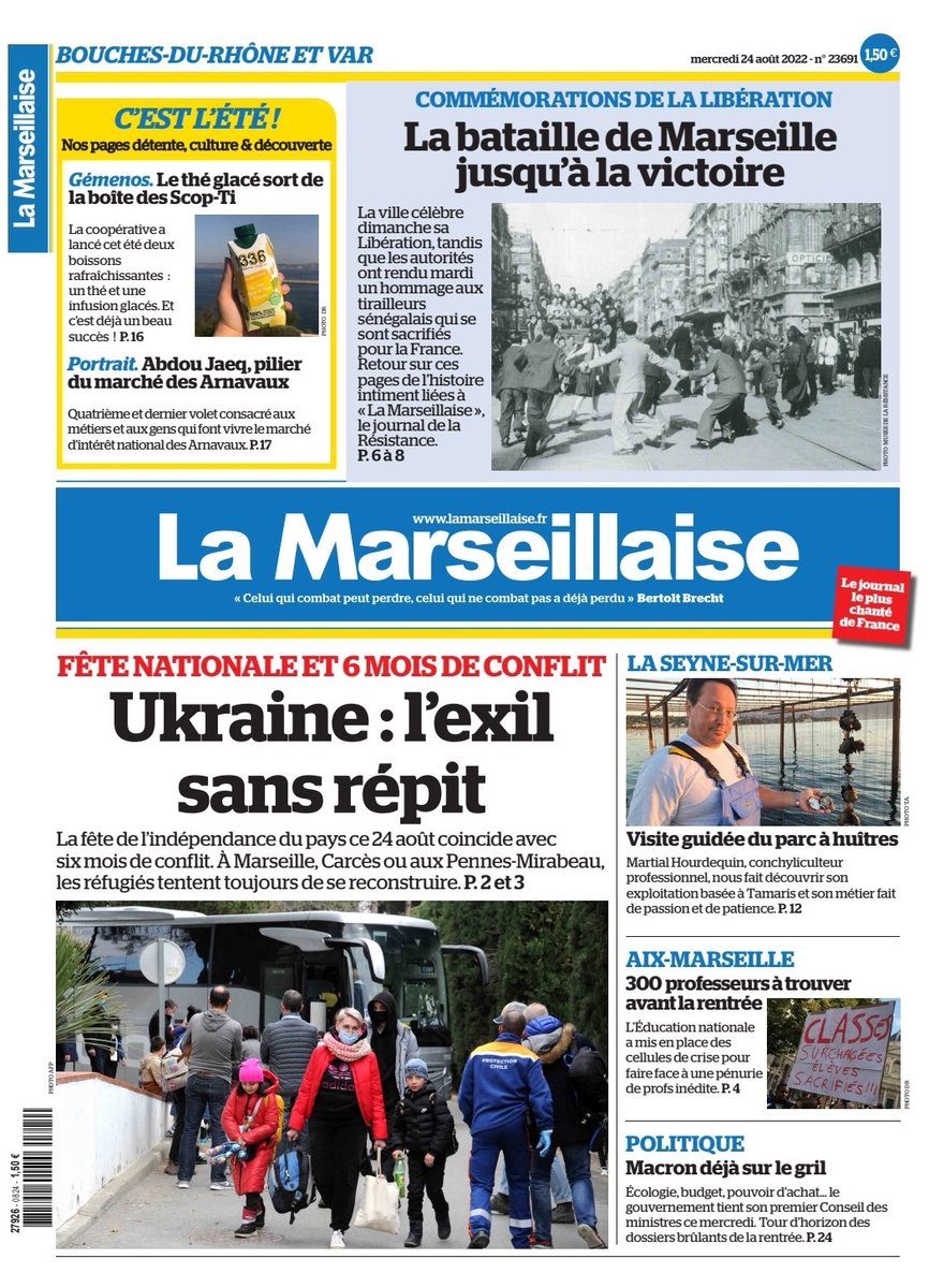 LeoPurguette's tweet photo. #ÀlaUne de La Marseillaise du 24 août 2022 #Ukraine #Réfugiés #Libération #Marseille #LaSeyne #Education #Macron #Été #ScopTI
En kiosques et sur https://t.co/v33E8KieoH https://t.co/ZIcBn4YVlA