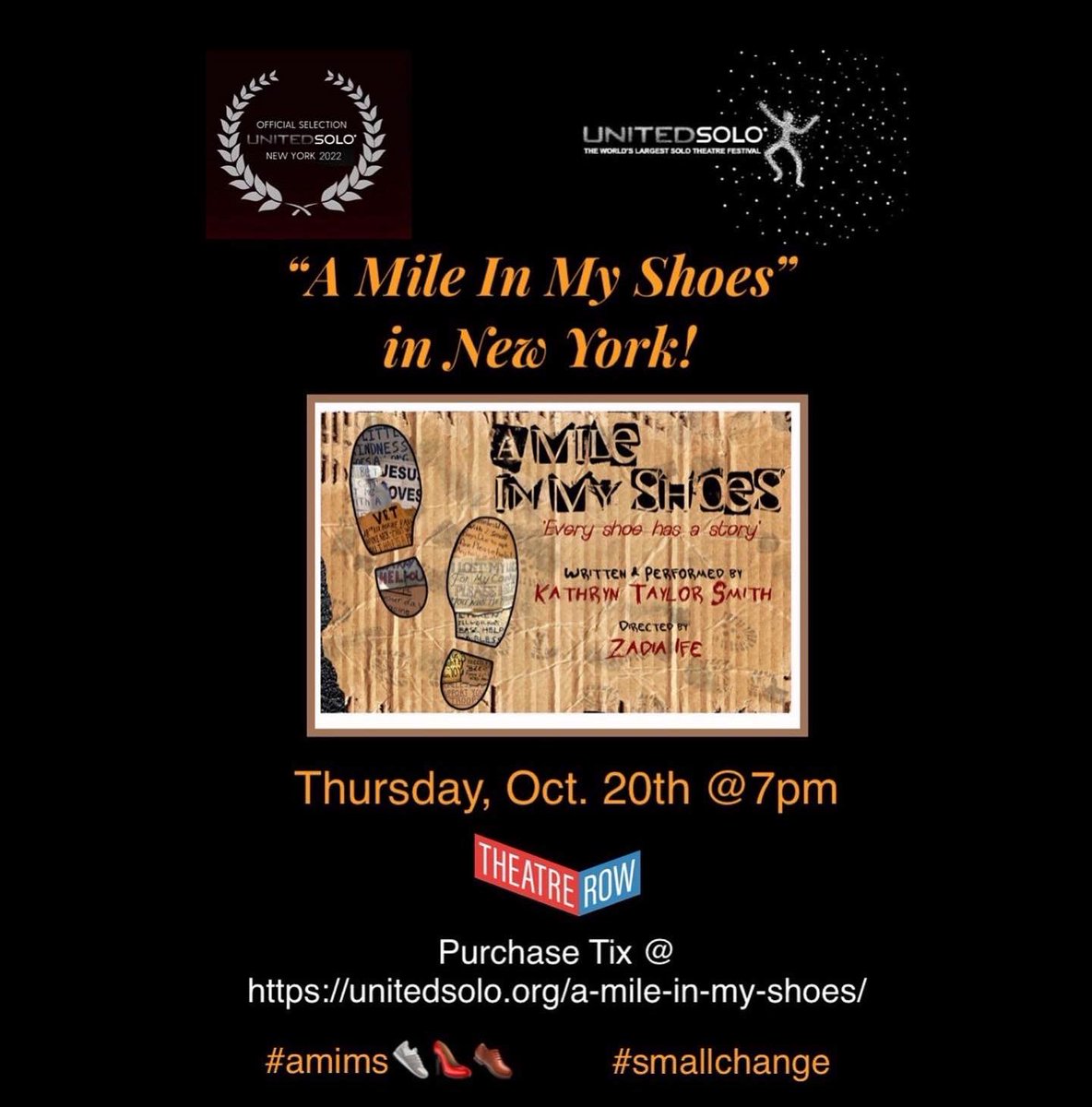 MileInMyShoes's tweet photo. After a 2 year pandemic hiatus my award winning solo show “A Mile In My Shoes” will be back on stage LIVE at the United Solo Theatre Festival @unitedsolo on Thursday, Oct. 20th at 7:00pm at Theatre Row.
Link to purchase tickets: https://t.co/NJlZfa4oiV

#AMIMS👟👠👞 #smallchange https://t.co/CtBG4UmhQt