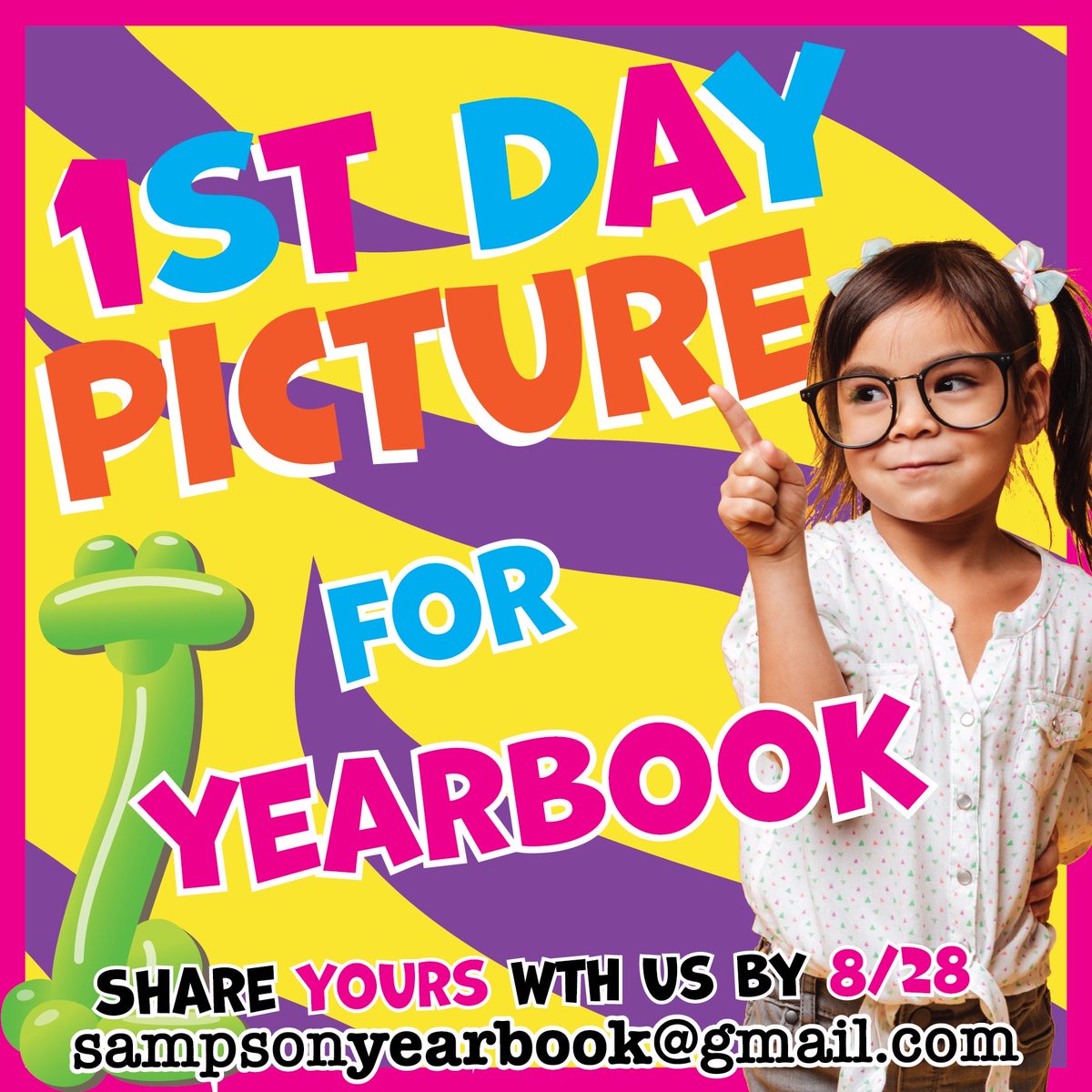 Want your kids 1st Day of School pic to be considered in the yearbook? Send your FAVORITE pic by 8/28/22 to sampsonyearbook@gmail.com. Include name/grade. Please note: We want to include as many students as possible, but we can't guarantee that every photo sent will be included.