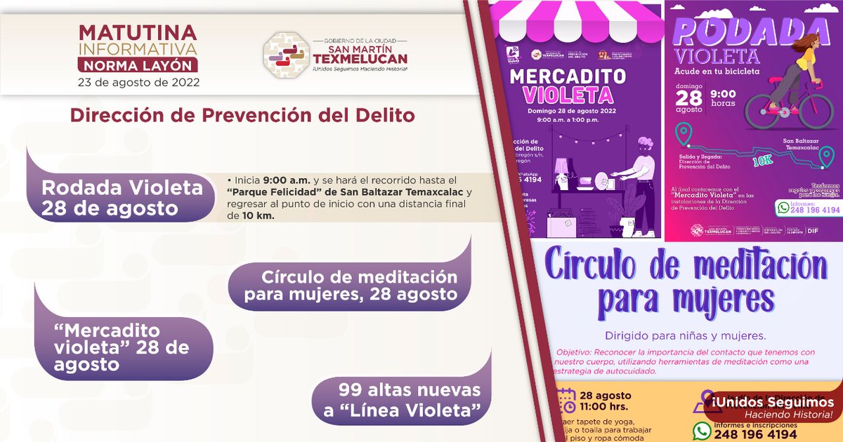 NormaLayon's tweet photo. Por parte de la Dirección de Prevención del Delito informé que el próximo domingo 28 de agosto, se realizará la #RodadaVioleta💜 y al finalizar el #MercaditoVioleta y actividades para niñas, niños y mujeres
Se realizaron 99 altas nuevas de Línea Violeta. #MatutinaInformativa https://t.co/3ggZsM0B69
