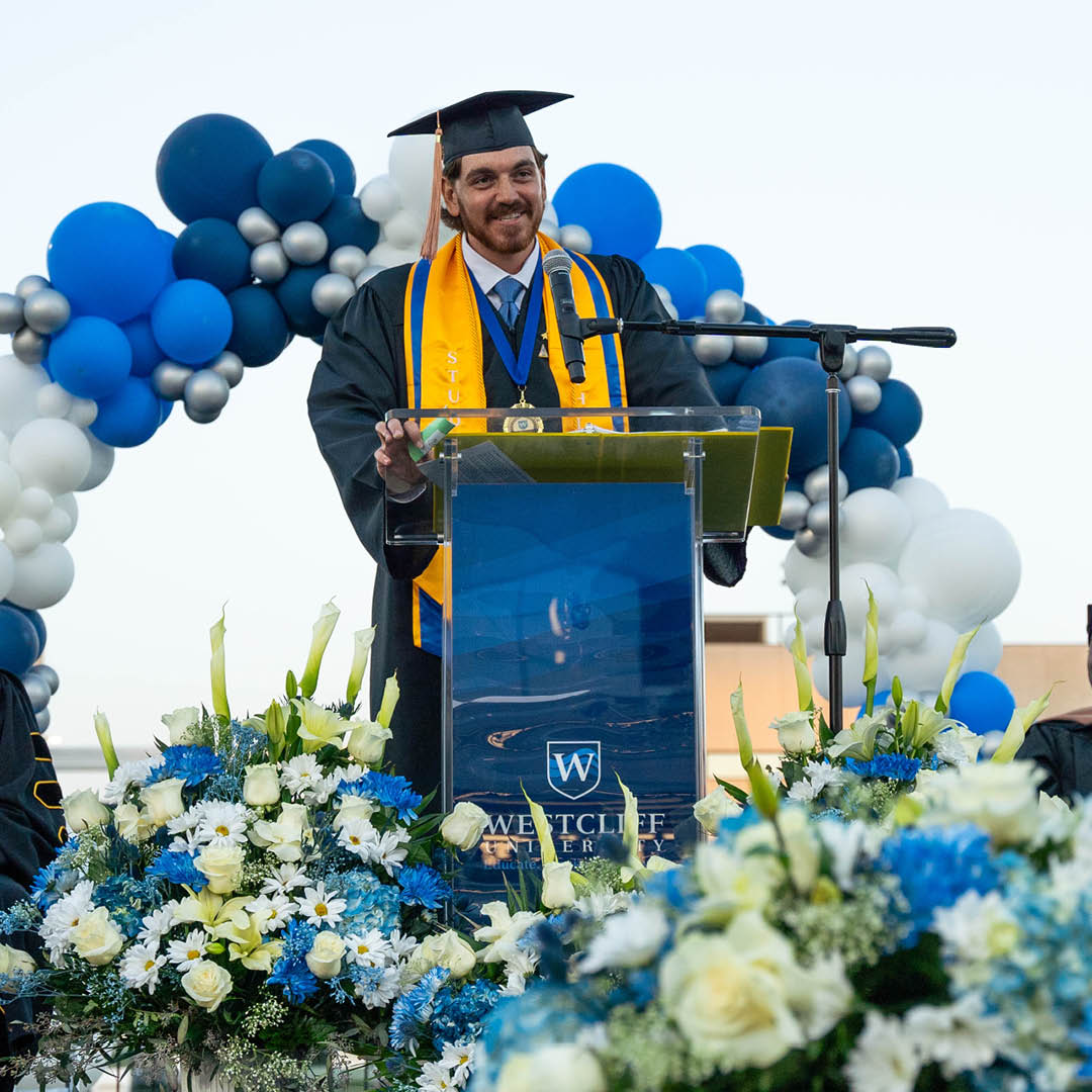 WestcliffU's tweet photo. Congratulations to our #valedictorian, Evan Chamberlin!👏 We couldn't be prouder of your accomplishments &amp; look forward to hearing all about how you help the world around you. Thank you for being a #Westcliff student and making a positive difference in our community! #Graduation https://t.co/MlzBvhNypE