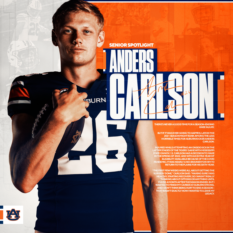 AuburnFootball's tweet photo. 𝐒𝐄𝐍𝐈𝐎𝐑 𝐒𝐏𝐎𝐓𝐋𝐈𝐆𝐇𝐓: @_anderscarlson_

“There’s been lot of big games, rivalry games, Iron Bowls. So many things. For me, it’s the people and the memories I had that probably no one else outside of football knows about.”

#WarEagle | #AuburnMade