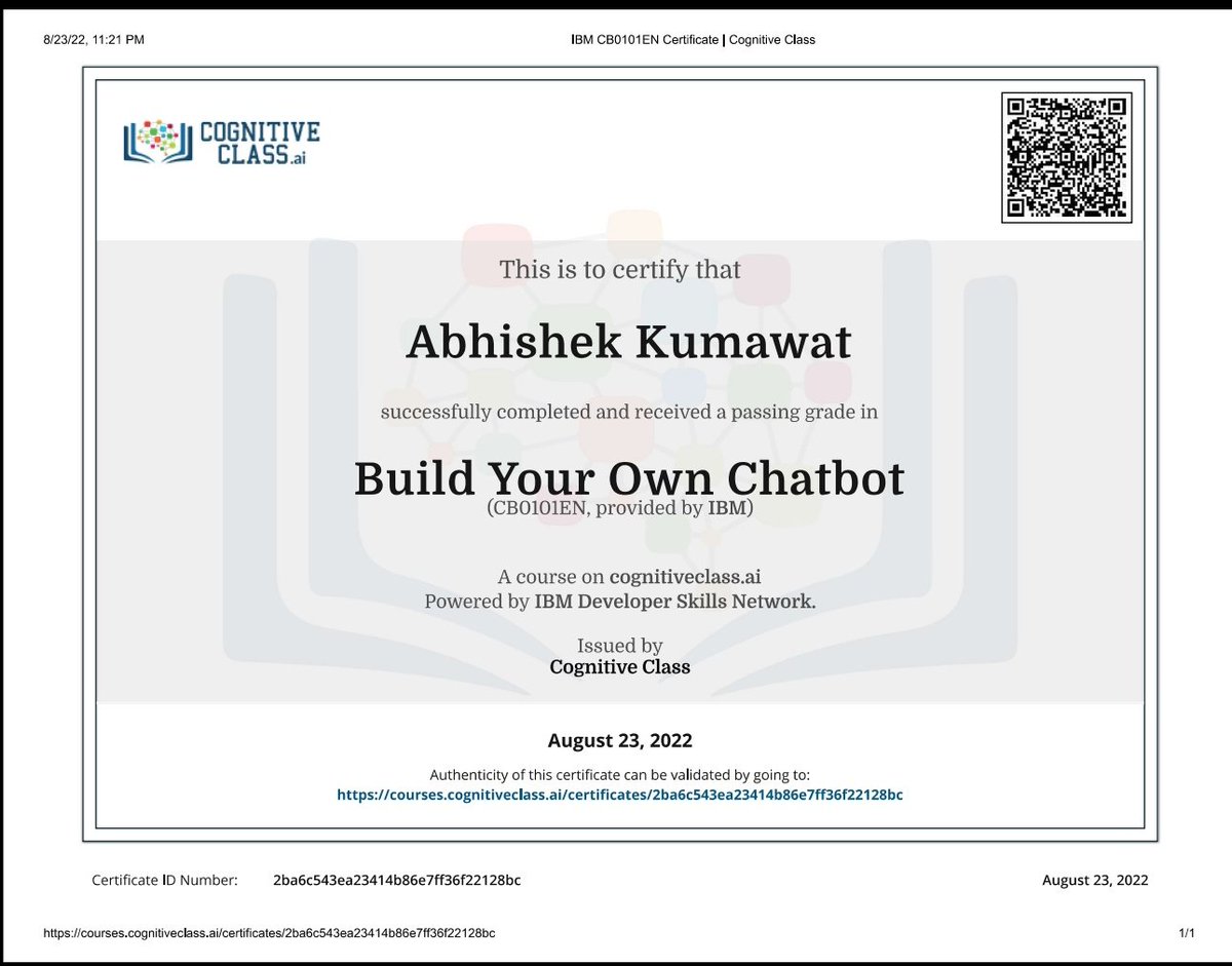 vishal_9928's tweet photo. I'm glad to share you that I had successfully completed "Build your own ChatBot" which was offered by @IBM.
#ibm #datascience #ibmindia #ibmdatascience #learning #cognitiveclass #programming #Chatbot https://t.co/c4Ka21jN2n