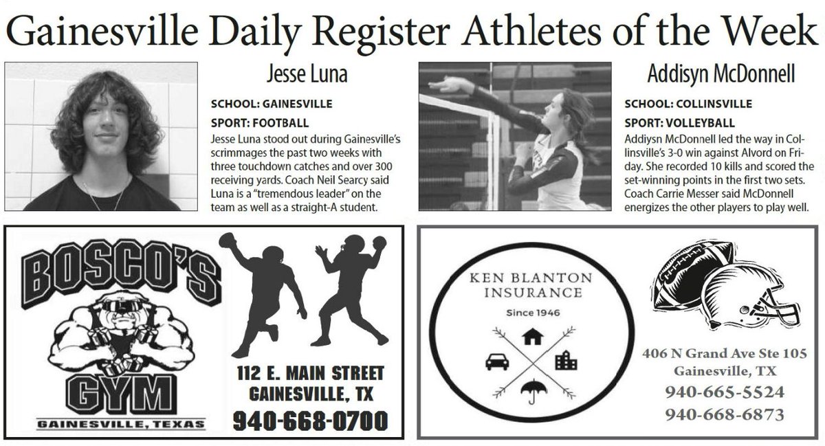 tannerspearman's tweet photo. Congrats to the first @GvilleRegister athletes of the week, Jesse Luna from @LeopardFB_940 and Addisyn McDonnell from @Ladypiratevb1.

Area coaches are encouraged to nominate deserving athletes each week via email! https://t.co/ZobUcXUZNe