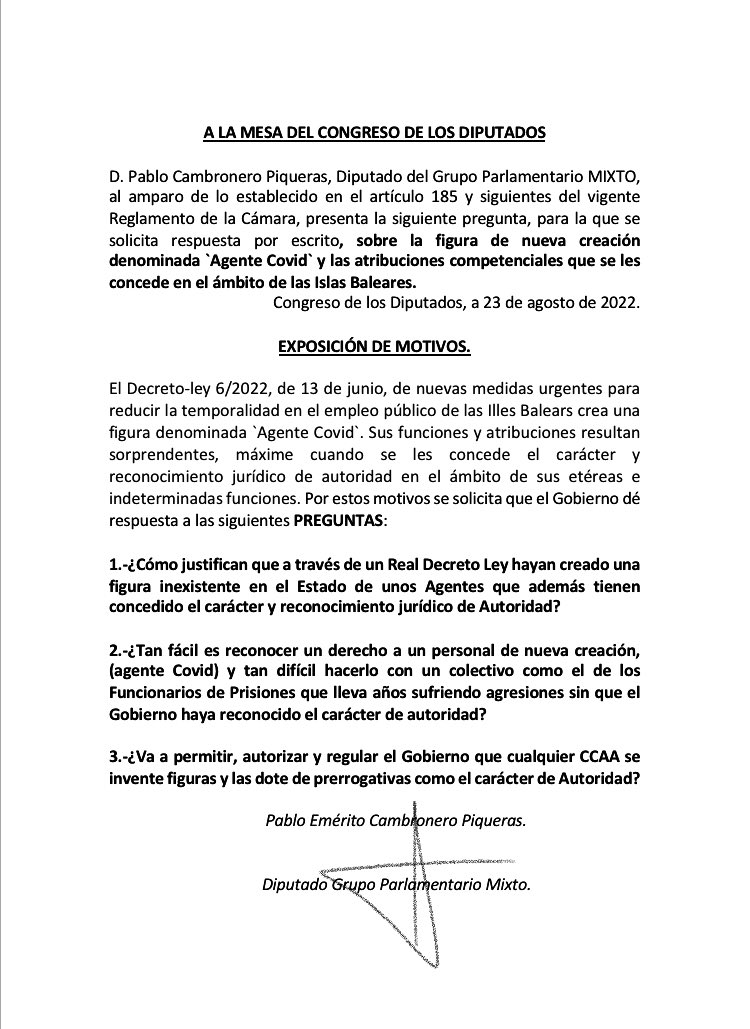 PabloCamPiq's tweet photo. 🔴 El Gobierno se inventa (vía RDL) un cargo llamado “Agente COVID” en Baleares y lo dota del carácter de agente de la autoridad.

Años llevan los Funcionarios de Prisiones pidiendo esta protección jurídica y sufriendo agresiones a diario sin que el Gobierno haga nada.

¿Por qué? https://t.co/cUD7FoNY4e