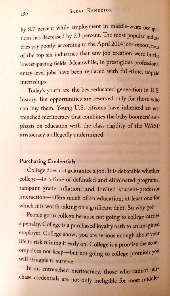 sarahkendzior's tweet photo. "College is a purchased loyalty oath to an imagined employer. College shows you are serious enough about your life to risk ruining it early on. College is a promise the economy does not keep." https://t.co/jiOGz3V26Y