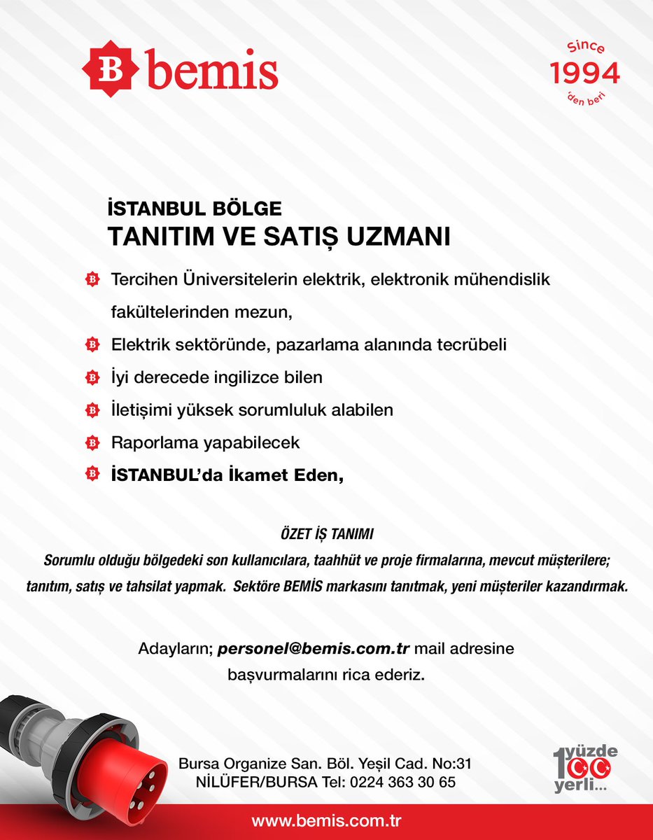 ElectricityTurk's tweet photo. @Bemis Elektrik A.S İstanbul Bölgesi için tanıtım ve satış uzmanı arkadaşlar arıyor. https://t.co/3zw6ExbyLj