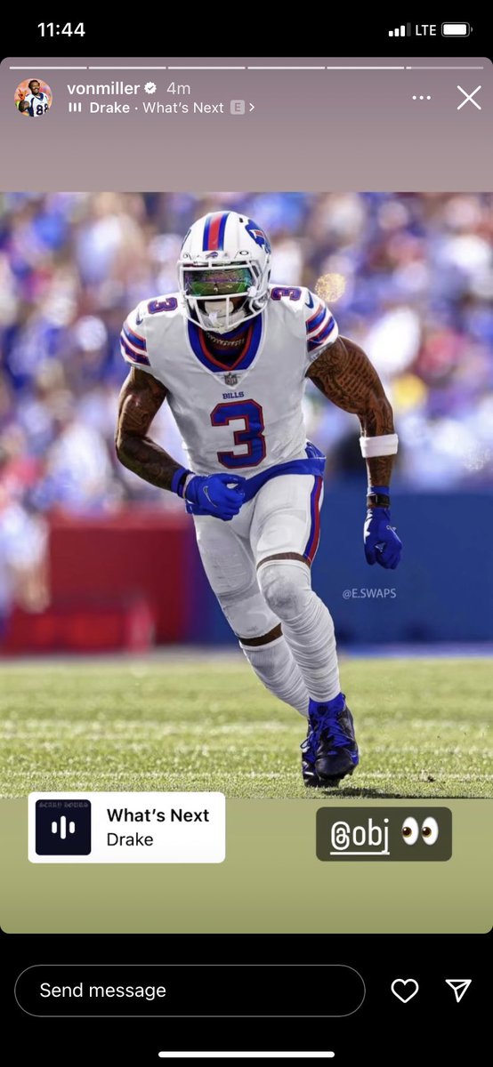 RyanTalbotBills's tweet photo. Von Miller chooses “What’s Next” for his song choice on his IG story with a picture of @obj in a #Bills uniform. 👀👀👀 #BillsMafia https://t.co/Ke811VxEDc