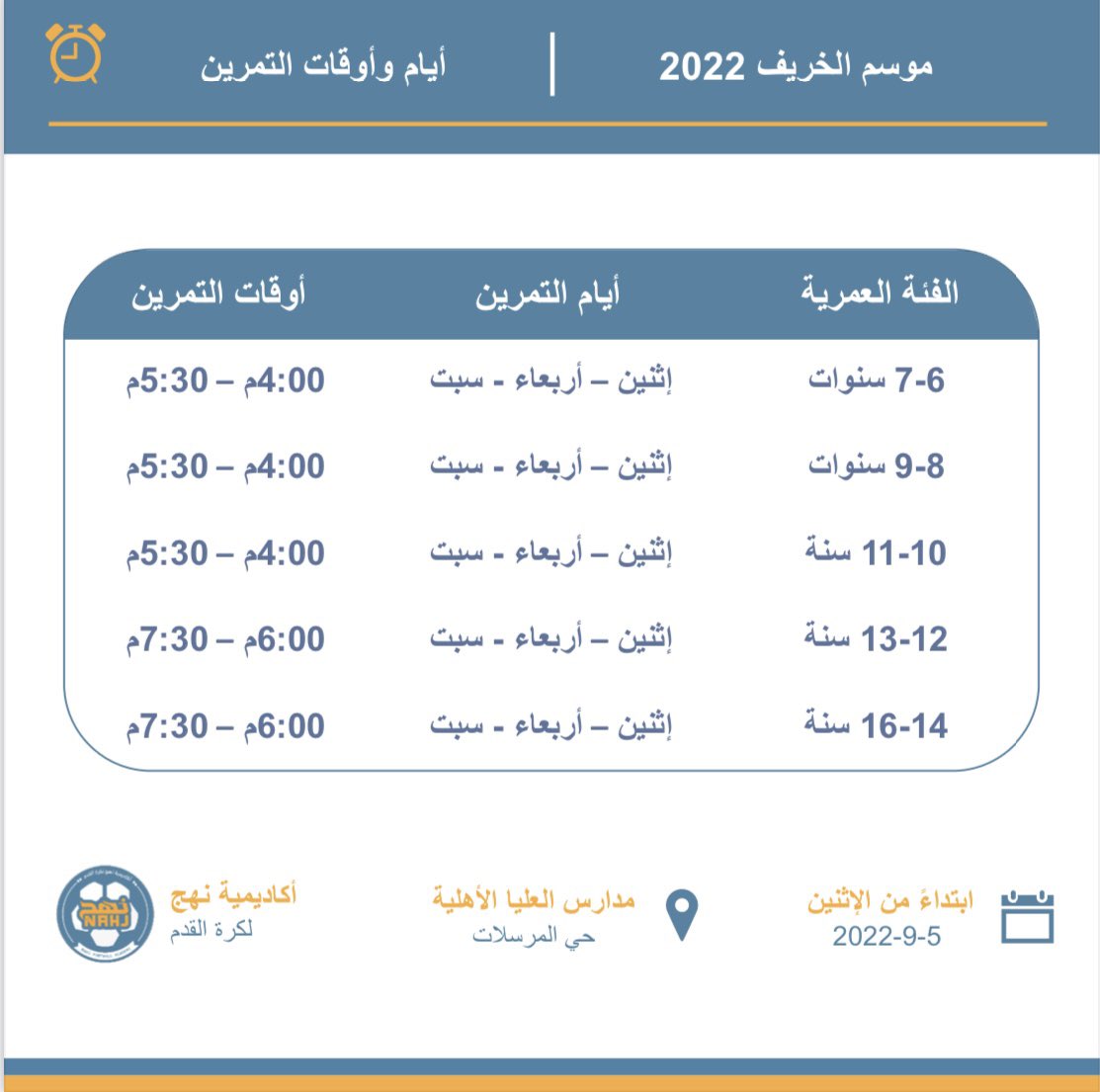 nahjacademy's tweet photo. جدول أيام وأوقات تمارين أكاديمية نهج بعد التعديل #مدارس_العليا_الأهلية #المرسلات نراكم قريبا بإذن الله 🙏🏼🧡📅⏱ https://t.co/bA7YqFBSTb