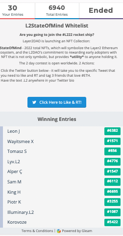 Deleted8960740's tweet photo. And the results are in! Have a couple exciting items to share today, but to start..

CONGRATS! The 10 Gleam winners have been chosen at random through @gleamapp and we are thrilled to share!

#L2StateOfMind Whitelist Winners!

#NFTGiveaway #DeFi #L2DAO #L2StateOfMind #L222 https://t.co/r9HkiHoCyW