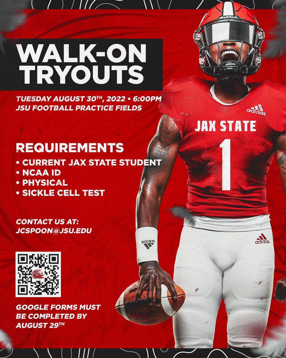 𝗪𝗔𝗟𝗞-𝗢𝗡 𝗧𝗥𝗬𝗢𝗨𝗧𝗦

▫️Tuesday, August 30, 2022 at 6PM
▫️Must be a current Jax State Student 
▫️Completed Google Form 
▫️Email jcspoon@jsu.edu