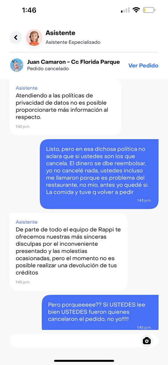 chindyb's tweet photo. En menos de un mes @RappiColombia  nuevamente incumple, y ahora es por una tal “política de datos” que no me devuelven el dinero, cuando fueron ellos quienes cancelaron mi pedido! https://t.co/0Cndp0PPaf