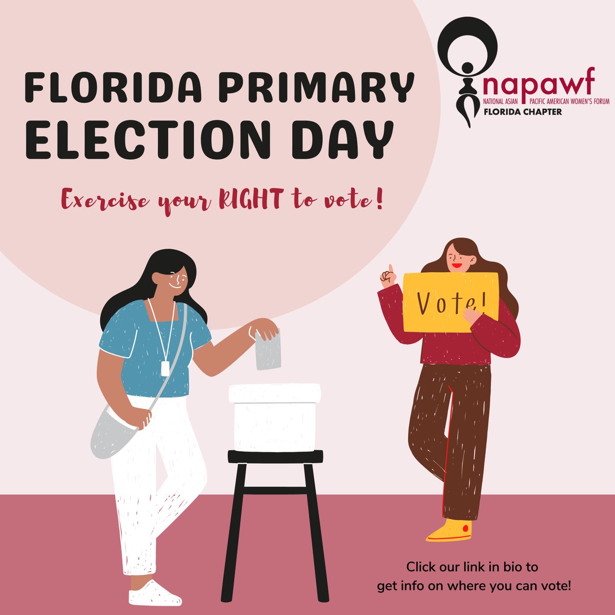 🗳️🗳️AUGUST 23RD! It's Primary Election Day! Remember to exercise your RIGHT to vote.
Polling locations are open to 7pm (if you are in line by 7pm, you are legally allowed to vote even if it is passed 7pm when you are at the booth!)
bit.ly/FL-Precinct
 #AAPIVotesMatter