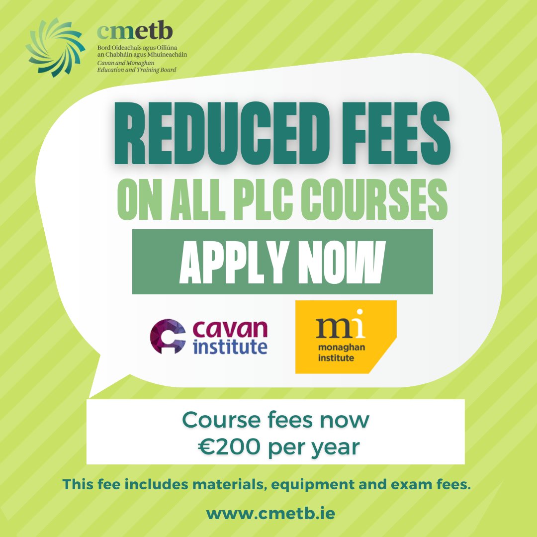 Fantastic News announced today by @CavMonETB regarding Course Fees at Monaghan Institute this year. ow.ly/ri7z50KqBnt. Apply Now to study with us this September. #MI #YourFutureStartsHere