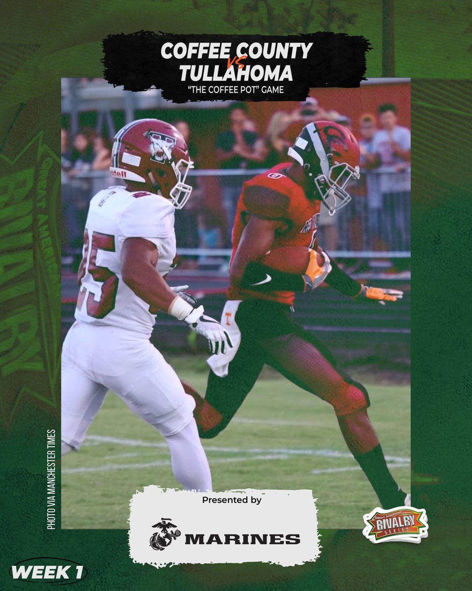 Great American Rivalry Series (@americanrivalry) on Twitter photo The Coffee County / Tullahoma rivalry dates back to 1926. With the schools separated by just 10 miles, this adds another unique element to this contest. Who do you have in the 𝘾𝙤𝙛𝙛𝙚𝙚 𝙋𝙤𝙩 game?
📰 bit.ly/3dDl52I
Presented by: <a href="/USMarineCorps/">USMC Recruiting</a> The Coffee County / Tullahoma rivalry dates back to 1926. With the schools separated by just 10 miles, this adds another unique element to this contest. Who do you have in the 𝘾𝙤𝙛𝙛𝙚𝙚 𝙋𝙤𝙩 game?
📰 bit.ly/3dDl52I
Presented by: <a href="/USMarineCorps/">USMC Recruiting</a>