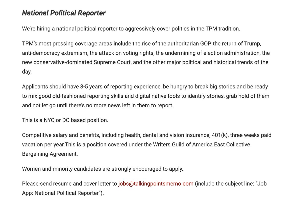john_a_light's tweet photo. We're about to hire for a number of positions at TPM. First up: a national political reporter to help us cover democracy and authoritarianism. We are, I am told, a good place to work. https://t.co/6cAJxpDabj https://t.co/p22pJ7zXn2