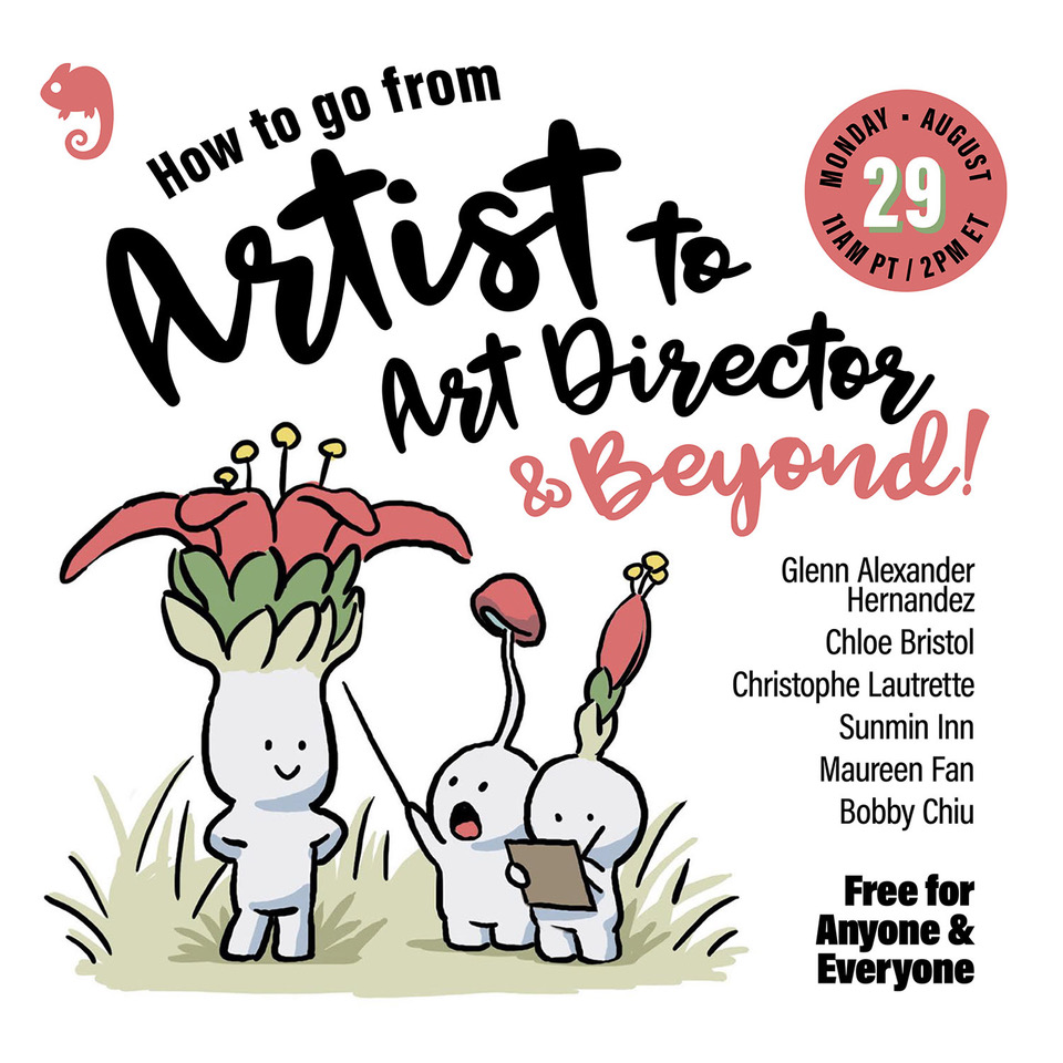 📣  How to Go From Artist to Art Director &amp; Beyond -- Monday, August 29th at 11:00am PT / 2:00pm ET.

@glenndergarten, Chloe Bristol, Christophe Lautrette, and Sunmin Inn will answer audience questions. Hosted by <a href="/bobbychiu/">Bobby Chiu</a> + Maureen Fan.
us06web.zoom.us/webinar/regist…
<a href="/SchoolismLIVE/">Schoolism</a>