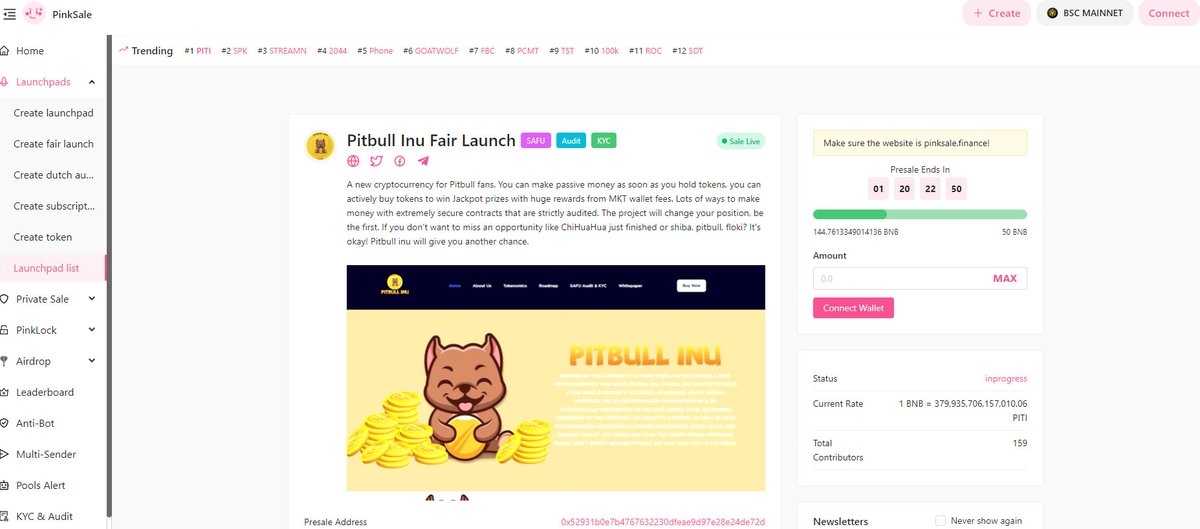 PITI_PitbullInu's tweet photo. 🔥🔥🔥 $PITI top 1 trending. LFGGGGGGG 🚀🚀🚀🚀🚀

📍 Link Fair Launch Pitbull Inu: https://t.co/kNQD9m4Wz8 https://t.co/z8DaoDgZl8