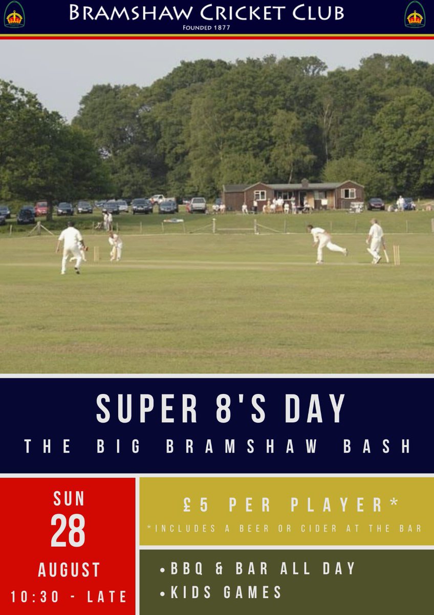 Super 8s at Bramshaw this Sunday! 

8 overs 
8 players 

10:30am first game, final at 5:30pm. Two groups of three teams: 

Bar open and BBQ on throughout the day. Any support is much appreciated 🏏 🍗 🍺