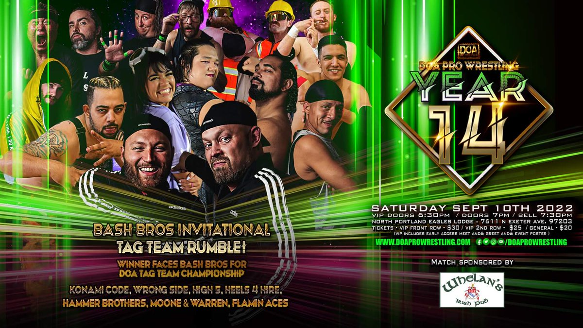 doaprowrestling's tweet photo. The Bash Bros look to celebrate YEAR 14 in a big way, as they host the Invitational Tag Team Rumble! The winning team will go on to challenge The Bash Bros for their DOA Tag Team Championship!
Come celebrate DOA's 14th anniversary on September 10th!
🎫 https://t.co/AzaAcSl9OM https://t.co/rOkp2EO2MW