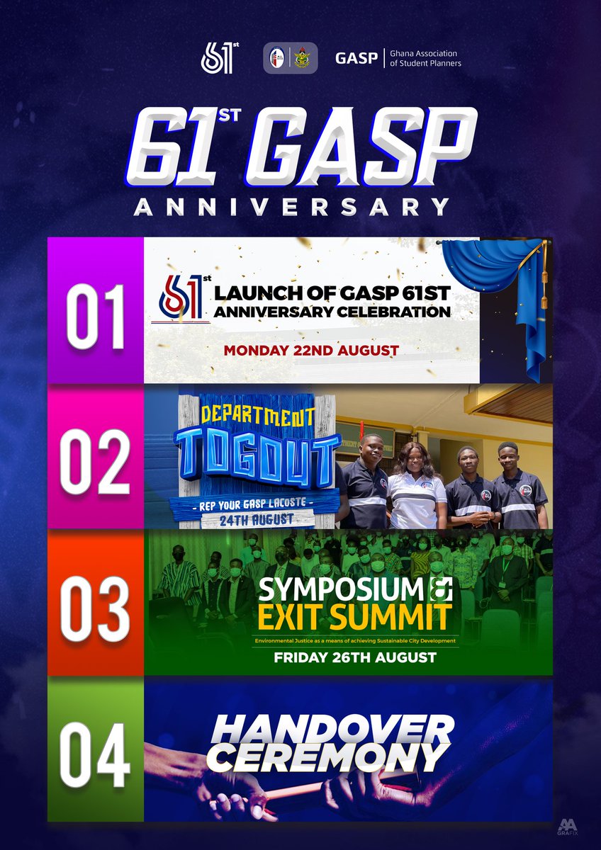 GaspKnust's tweet photo. On Monday 22nd August, the 61st Anniversary Celebration was successfully launched by our Head of Department. In addition the Maiden Edition of the GASP Magazine was also launched titled The Plannimg path; Epistles of the Planner.
#61STGASPWEEK
#GASPKNUST
#KnustSchoolofPlanning https://t.co/q8BLq3mXMt
