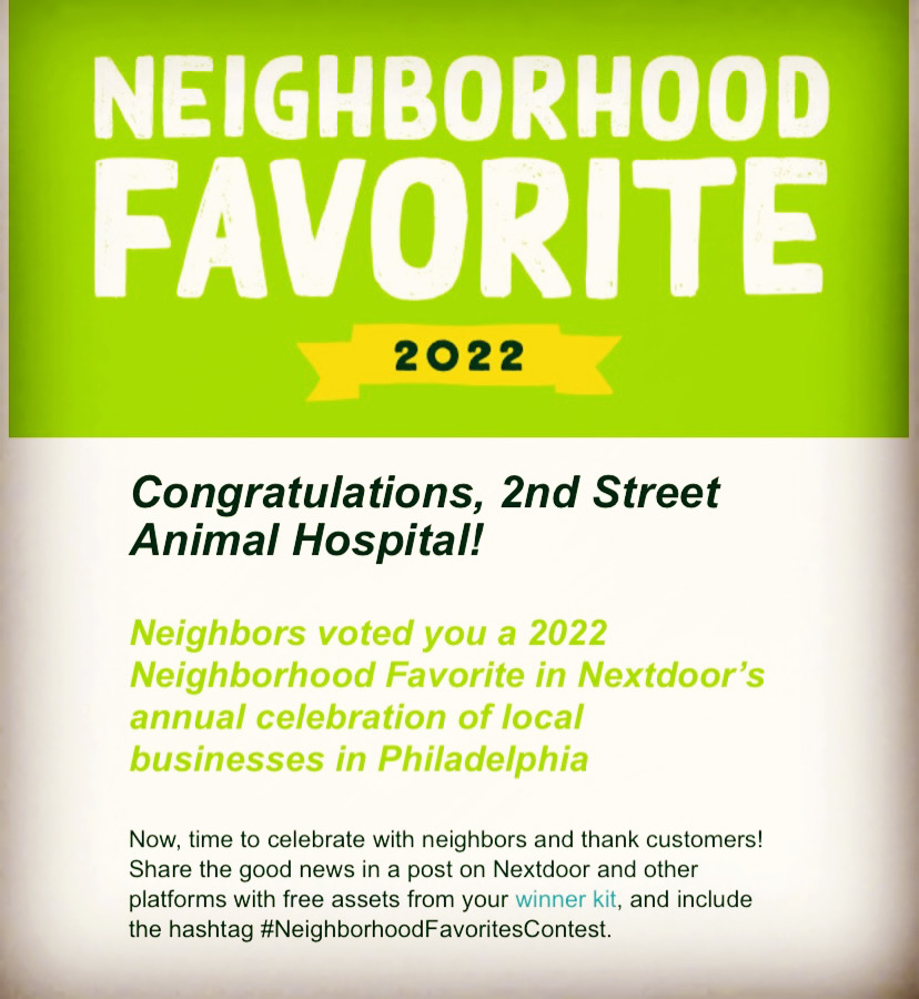 📢ANNOUCEMENT‼️
2nd Street Animal Hospital was voted neighborhood favorite vet! <a href="/nextdoor/">Nextdoor</a> <a href="/northliberties/">Northern Liberties</a>

Thank you so much to everyone who voted for us! We are truly grateful for the wonderful community we have, our wonderful clients and the most amazing patients.