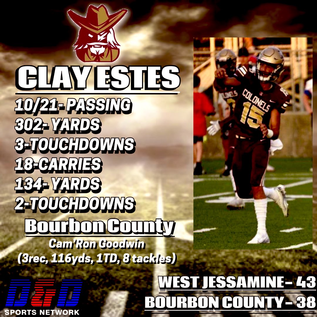 DDSportsNetwork's tweet photo. Bourbon dropped the season opener to West Jessamine but it wasn’t because of a lack of effort from QB @ClayEstes8, check out these numbers below…. https://t.co/G4lYUxP34X