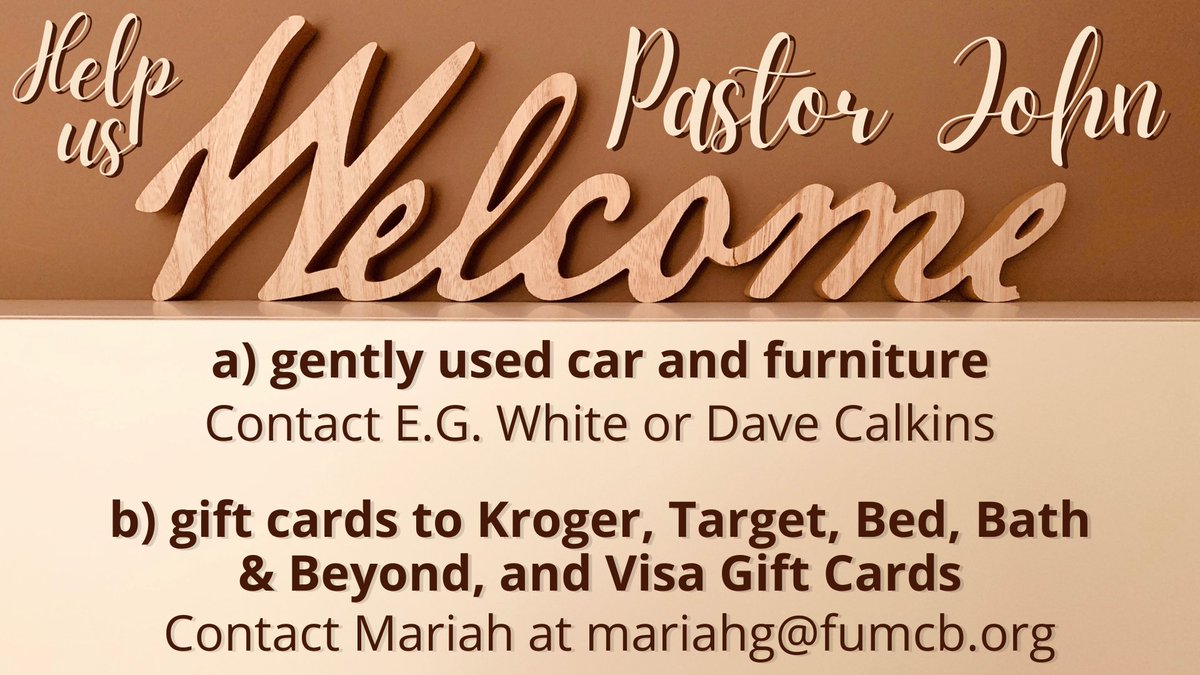 fumcbloomington's tweet photo. Pastor John is arriving in Bloomington this week! We could use your help in welcoming our new associate pastor by selling a gently used car to him or by donating furniture and gift cards. https://t.co/BY78RumDOS